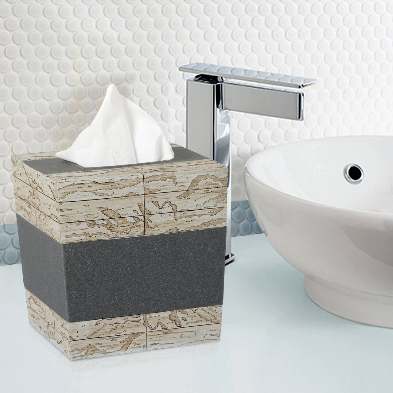 Tissue Box Holder | Decorative Stone Square Rustic Finish | Facial Tissue Cover for Bathroom Vanity & Countertops
